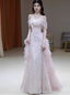 Elegant Light Pink Mermaid Off-The-Shoulder Sequined Sheer Tulle Long Prom Dress Evening Dress