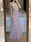 Elegant Light Purple Mermaid Square Neck 3D Floral Lace Long Prom Dress Evening Dress