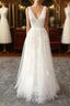 Elegant Long A-line V-neck Appliques Tulle Backless Wedding Dress