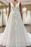 Elegant Long Princess V-neck Tulle Backless Wedding Dress with Lace