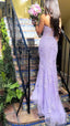 Elegant Mermaid Sleeveless Lace Lilac Evening Prom Dress Long Prom Dress