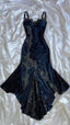 Elegant Navy Blue Spaghetti Straps Mermaid Satin Appliques Prom Dress Party Dress