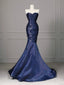 Elegant Navy Blue Mermaid Strapless Pleated Satin Long Prom Dress Evening Dress