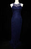 Elegant Navy Blue Sleeveless Cutout Halter Mermaid Bead Embroidered Lace Prom Dress Evening Dress