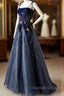 Elegant Navy Blue Spaghetti Strap Long Prom Dress With Star