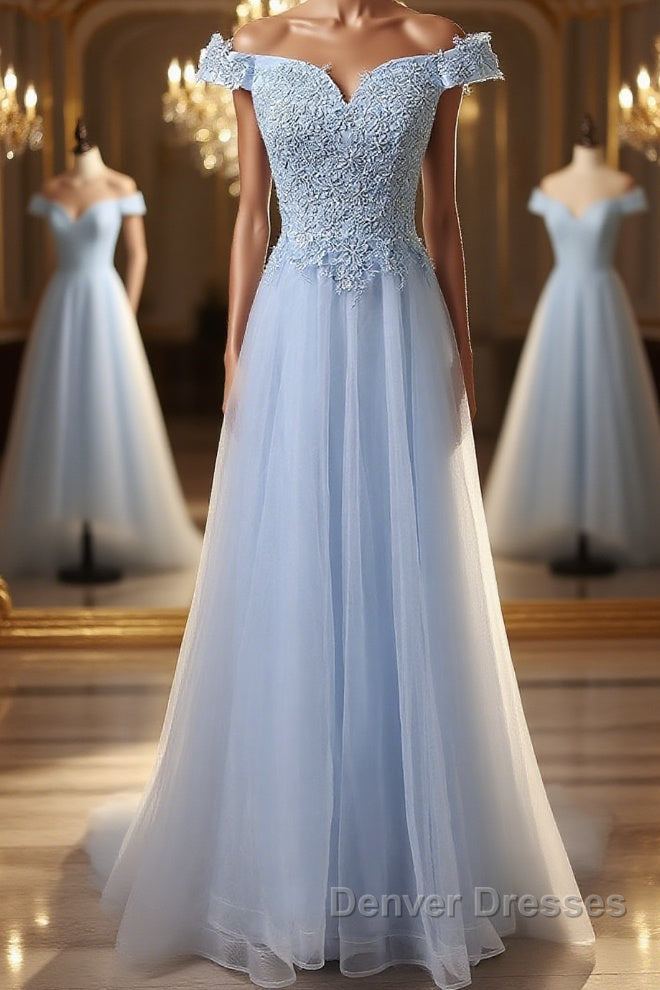 Prom Dresses Blue, Elegant Off Shoulder Long Sky Blue Lace Prom Dress