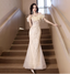 Elegant Off-White Mermaid Off-The-Shoulder 3D Floral Sequined Sheer Tulle Long Prom Dress Evening Dress