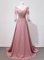 Elegant Pink Long Sleeves Lace Applique Long Party Dress, Pink Prom Dress