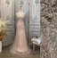 Elegant Pink Mermaid V-Neck Lace Embroidery Tulle Long Prom Dress Evening Dress