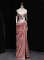 Elegant Pink Strapless Embroidered Floral Satin Slit Long Prom Dress Evening Dress