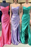 Elegant Satin Mermaid Prom Dress With Pleated Bodice, Spaghetti Strap & Slit Fd5090