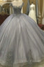 Elegant Silver Tulle Ball Gowns Prom Dress Lace Appliques