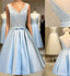 Elegant Sleeveless Deep V Back Appliques Clairvoyant Outfit Satin Skirt Tea Length Homecoming Dress