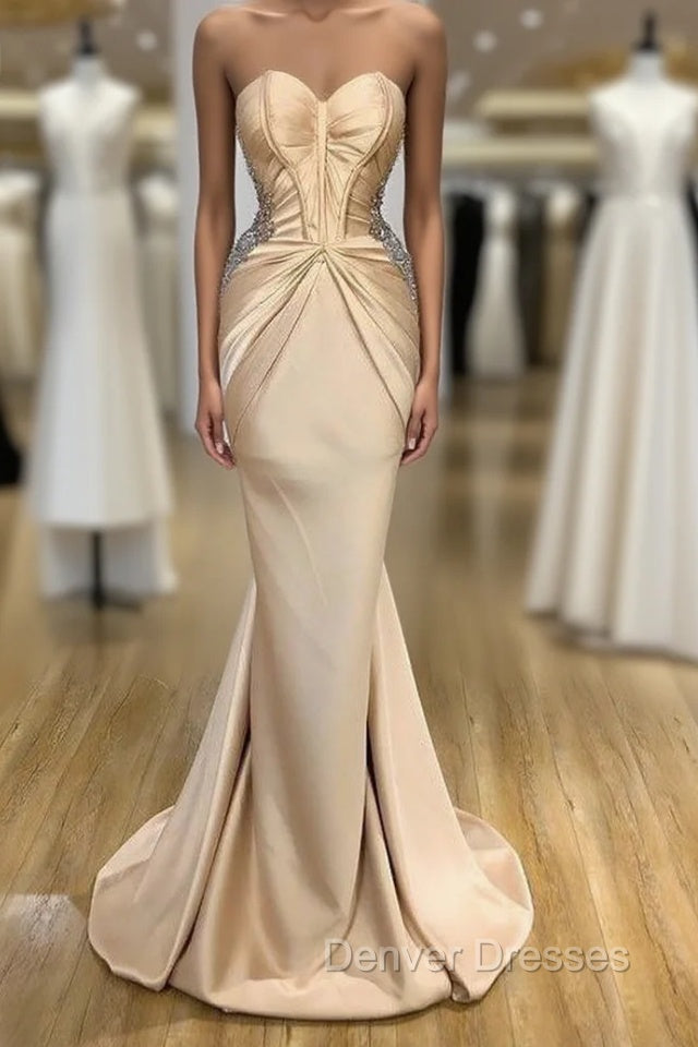 Elegant Sweetheart Champagne Prom Dress Mermaid Long With Crystals
