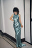 Elegant Turquoise Fitted High-Neck Halter Neck Satin Long Prom Dress Evening Dress Bridesmaid Dress