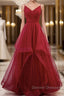 Elegant V Neck Open Back Sequins Burgundy Long Prom Dress, Shiny Burgundy Formal Dress, Fluffy Burgundy Evening Dress