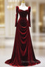 Elegant Wine Red Velvet Long Sleeves Formal Dress, Formal Wedding Party Dress