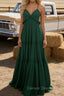 Emerald Green A-line V Neck Sleeveless Floor-Length Chiffon Prom Dress Long Prom Dresses Backless with Pleated Ruffles