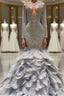 Fabulous Long Mermaid V-neck Sequined Beading Feather Tulle Prom Dress with Sleeves