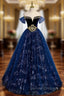 Fashion Blue Tulle Sequins Beading Off the Shoulder Prom Dress