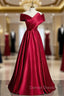 Fashion Burgundy Satin Off the Shoulder Pleats Prom Dress