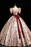 Fashion Floor-Length Printing Prom Dresses, Square Neckline Short Sleeve Backless Bow Sash Prom Formal Dresses
