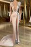 Fashion Long V-neck Split Front Mermaid Evening Prom Dress With Rhinestones