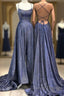 Shiny Navy Blue Sequin A Line Long Prom Dress With Slit