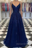 A Line Navy Blue V Neck Lace Prom Dress
