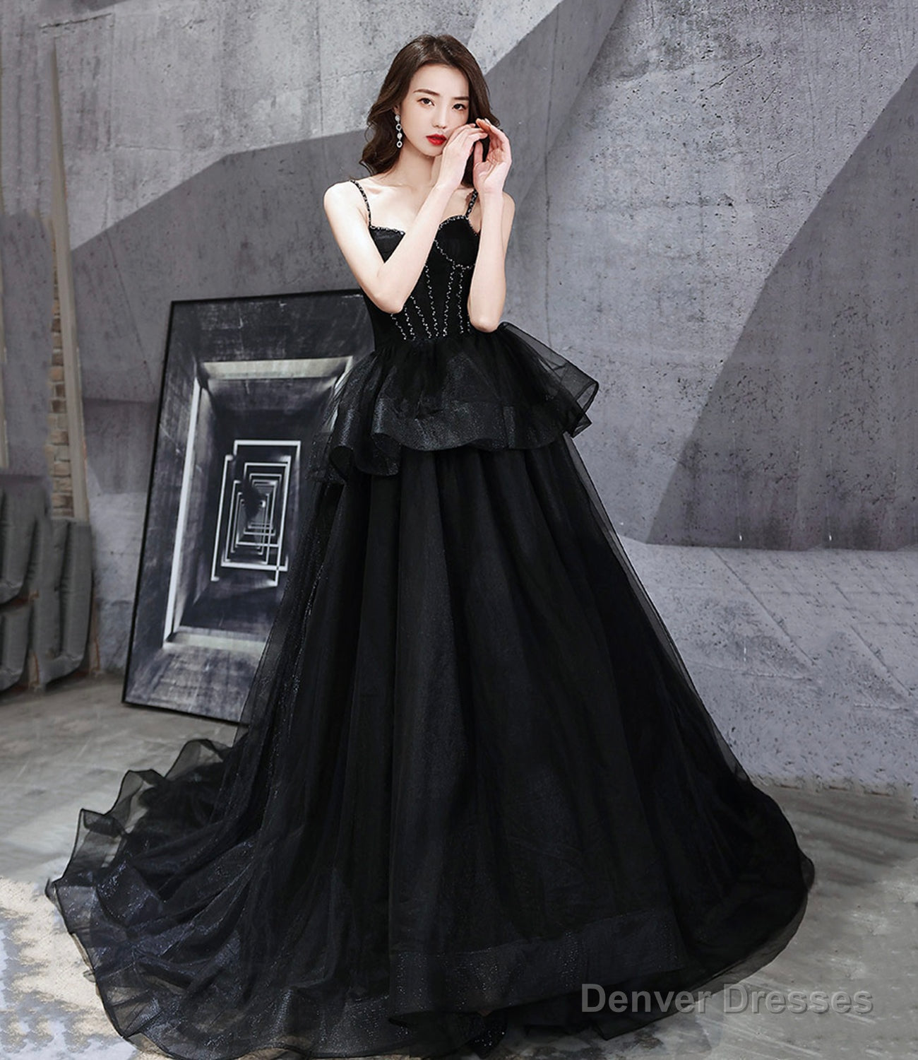 Black tulle long ball gown dress black evening dress – Denver Dresses