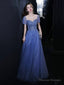 Blue Tulle Beads Long Prom Dress, Beautiful Short Sleeve Evening Party Dress