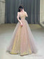Shiny Tulle Sequins Long Prom Dress, Off the Shoulder Evening Party Dress