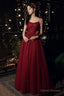 Burgundy tulle sequins long prom dress evening dress