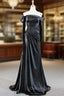 Fit Your Body Type Black Mermaid Satin Off the Shoulder Long Sleeve Beading With Removable Sleeve