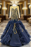 Fit Your Fashion Sense Navy Blue Mermaid Long Sleeve Satin Tulle Beading Prom Dress