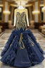 Fit Your Fashion Sense Navy Blue Mermaid Long Sleeve Satin Tulle Beading Prom Dress