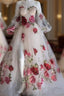 Flowers Appliques Princess A Line Champagne Prom Dress With Slit