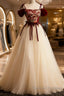 Flowers Champagne Long Tulle Prom Dress with Straps