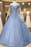 For The Very Best In Unique Or Custom. Blue Ball Gown Tulle Sequins Off the Shoulder Beading Quinceanera Dress