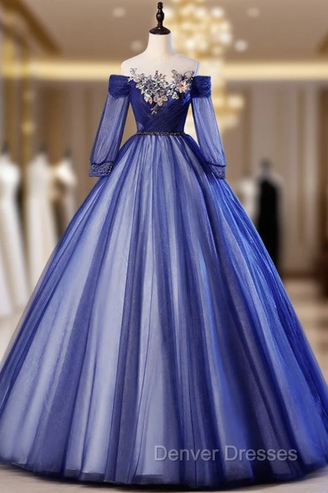 For Your Big Night Navy Blue Ball Gown Tulle Long Sleeve Appliques Qui –  Denver Dresses