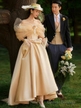 French Champagne Satin Corset Long Prom Dress, Off The Shoulder Evening Party Dress