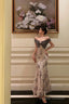 French Mermaid Off The Shoulder Floral Long Prom Dresses Birthday Outfits