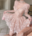 French Palace Lace V-Neck Short Sleeve A-Line Pink 17Th Birthday Homecoming Dress