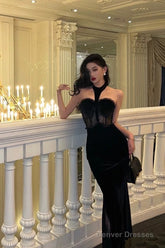 French Sheath High Neckline Black Velvet Long Prom Dresses Birthday Outfits