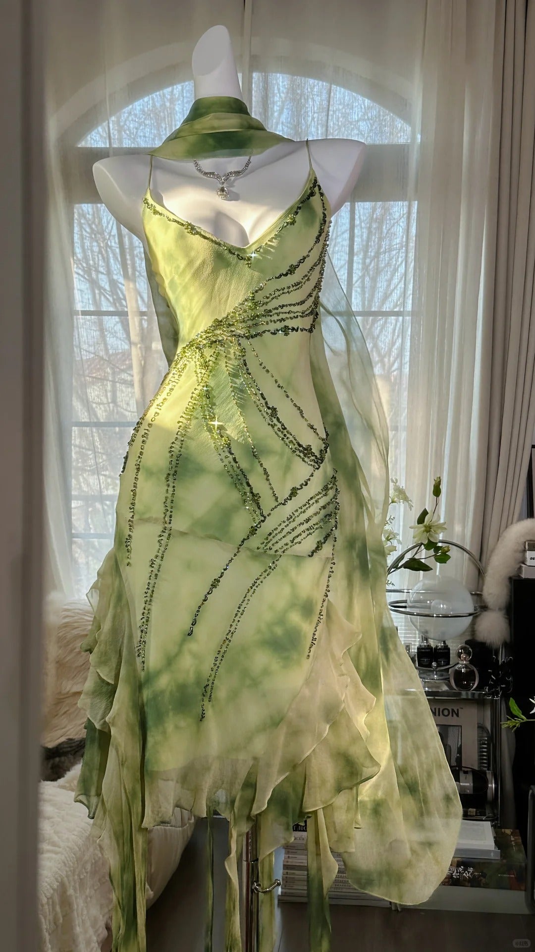 Fresh Rendering Green Beaded Chiffon Irregular Skirt Prom Dress – Denver Dresses