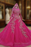 Fuchsia Ball Gown High Neck Long Sleeve Embroidery Appliques Wedding Dress
