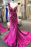 Fuchsia One Shoulder Satin Flower Prom Dress