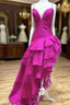 Fuchsia Satin Spaghetti Straps Feather Prom Dress