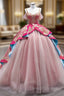 Fuchsia Satin Tulle Spaghetti Straps Appliques Prom Dress