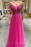 Fuchsia Tulle Spaghetti Straps Prom Dress